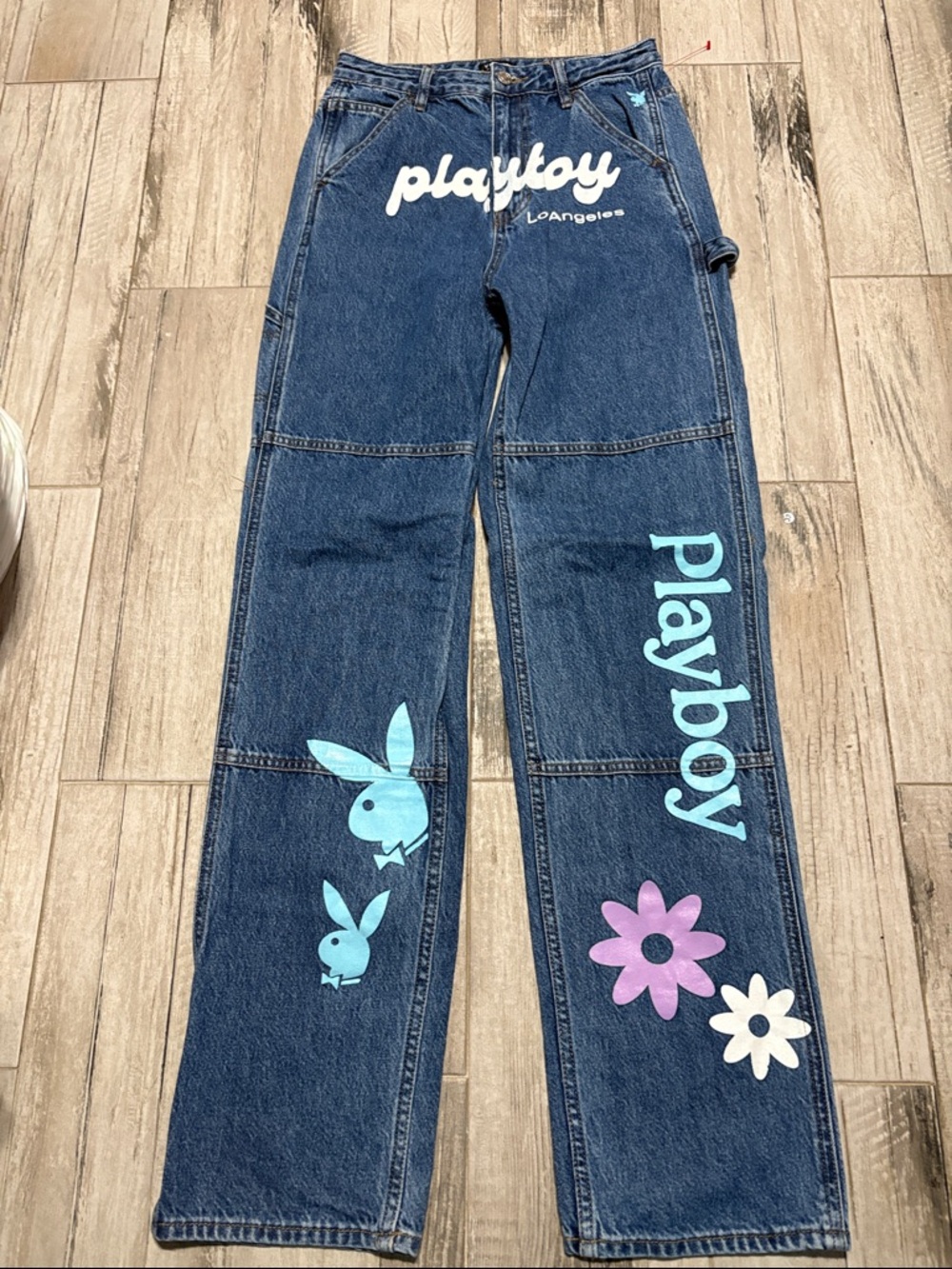 Playboy by PacSun Blue Straight Leg Jeans with Aqua Logos & Pink Flowers